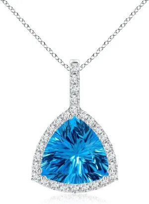 Angara Natural Classic GIA Certified Trillion Concave-Cut 10.61 ct Swiss Blue Topaz Halo Pendant in 14K Solid Gold/Platinum for Women | November Birthstone Jewelry Gift for Women