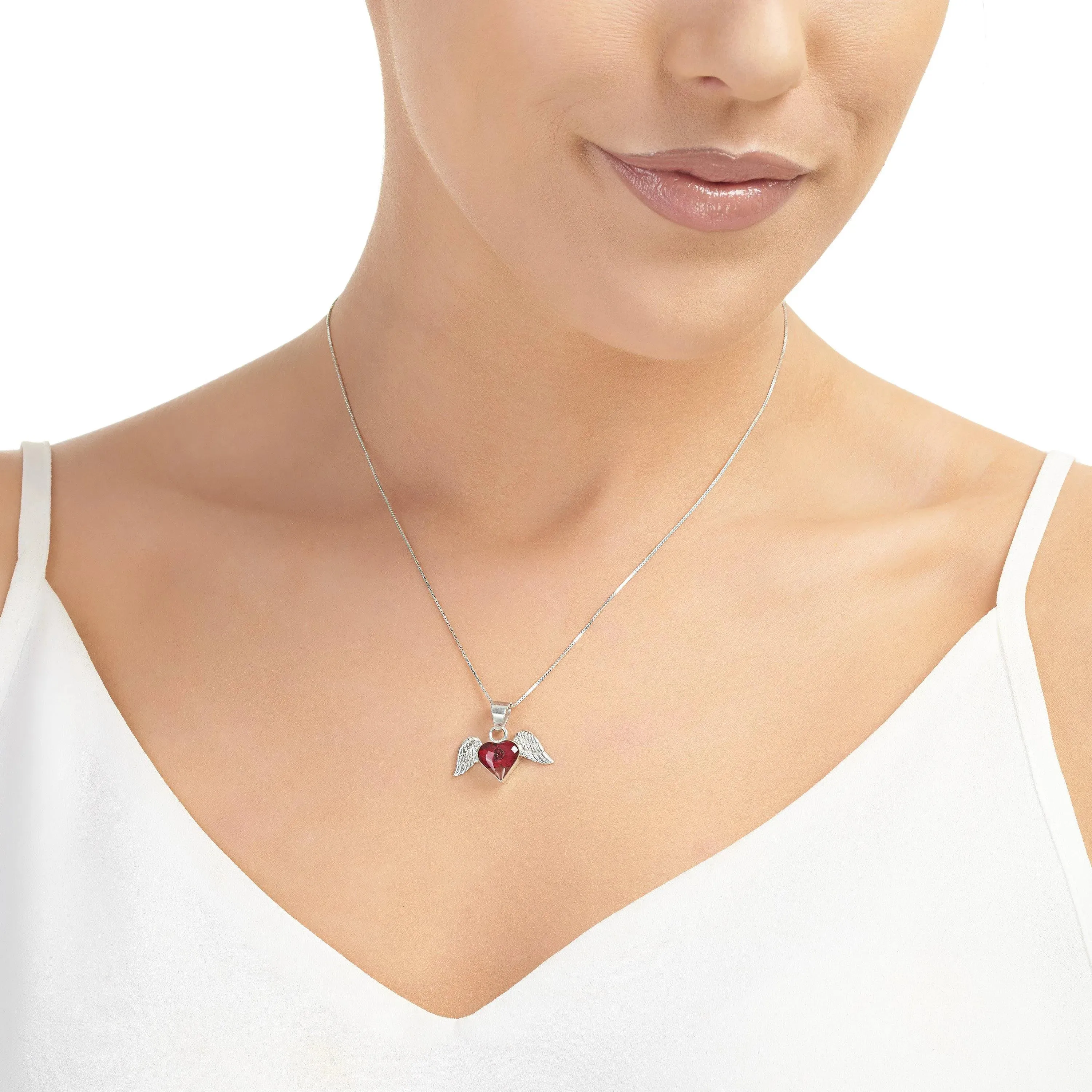 Angel wings necklace by  Shrieking Violet® Sterling silver pendant with real flowers - Poppy & Rose - Stylish gift or keepsake.