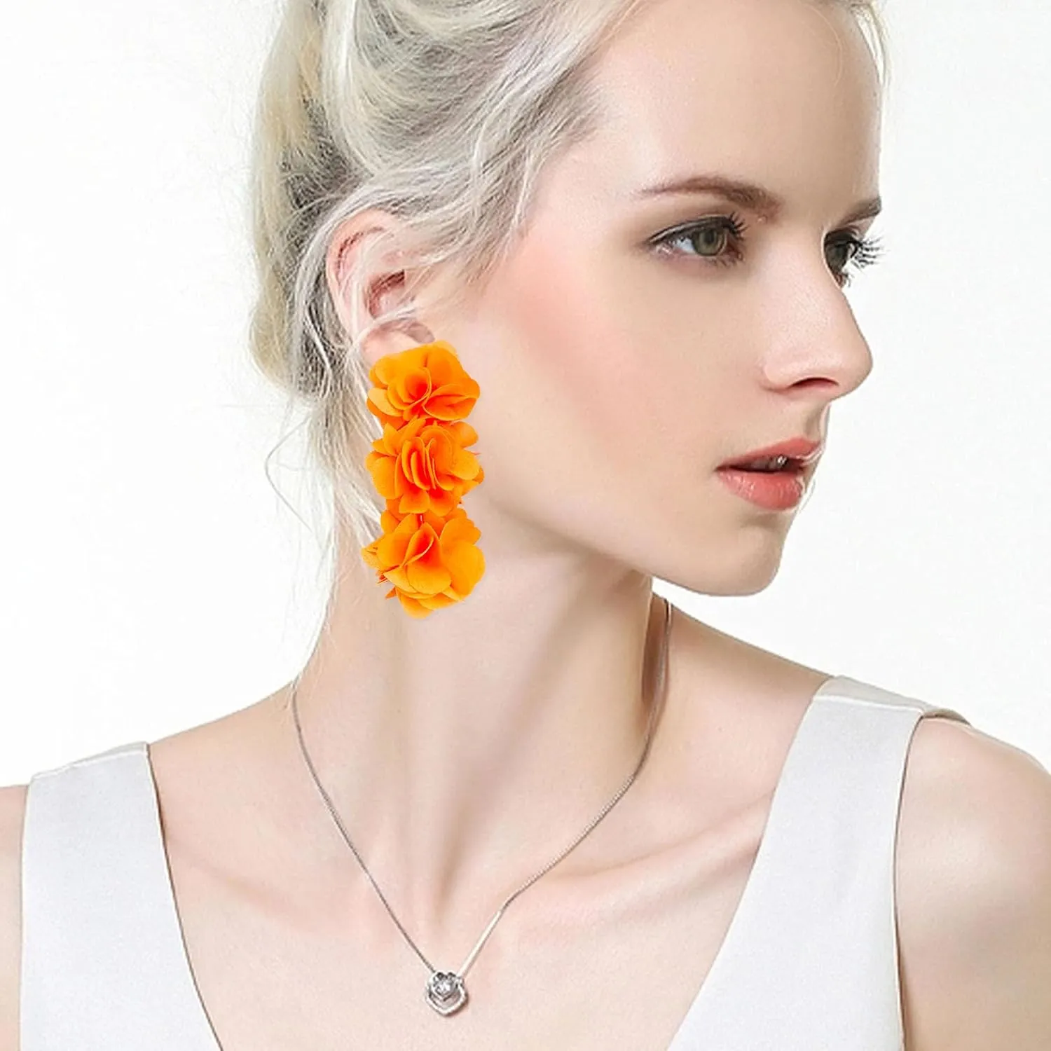 Anmpab Elegant Long Fabric 3-Layer Flower Tassel Earrings Bohemian Handmade Dangle Drop Earrings for Women Vintage Floral Statement Jewelry
