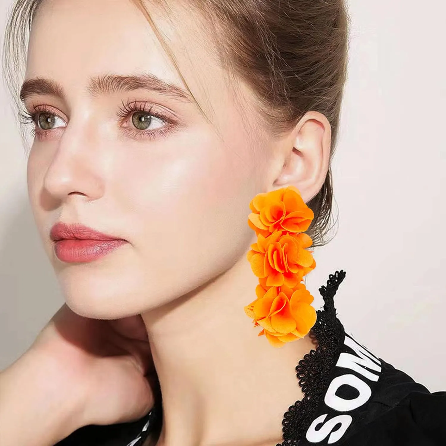 Anmpab Elegant Long Fabric 3-Layer Flower Tassel Earrings Bohemian Handmade Dangle Drop Earrings for Women Vintage Floral Statement Jewelry