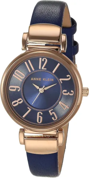 Anne Klein Women's Easy-to-Read Navy Leather Strap Watch, AK/2156NVRG, Navy, Rose Gold-Tone