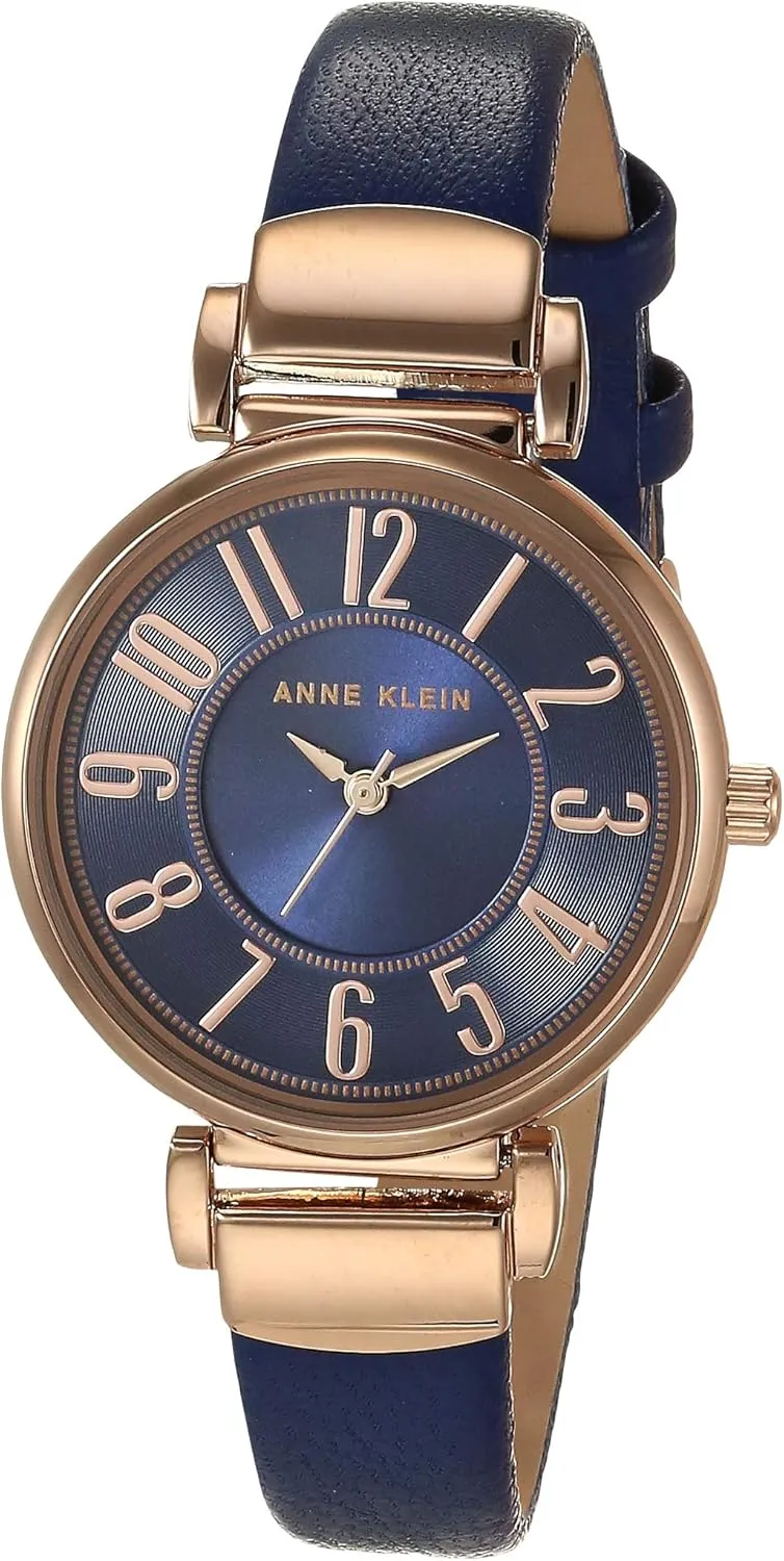 Anne Klein Women's Easy-to-Read Navy Leather Strap Watch, AK/2156NVRG, Navy, Rose Gold-Tone