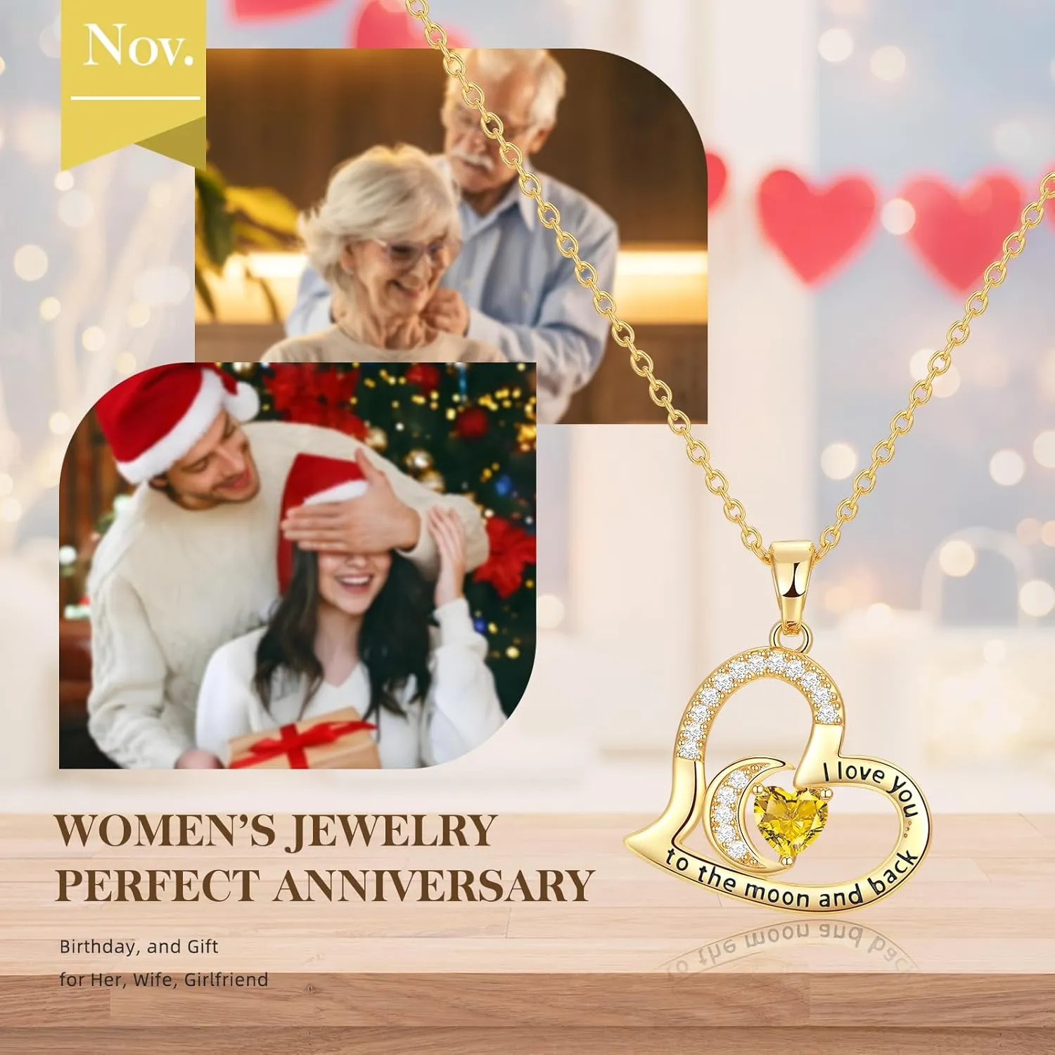 Anniversary Necklace for Women Birthstone Jewelry for Wife Gifts for Her Wife Birthday Gift Ideas Anniversary for Girlfriend I love you to the moon and back Necklaces Filled 925 Sterling Sliver