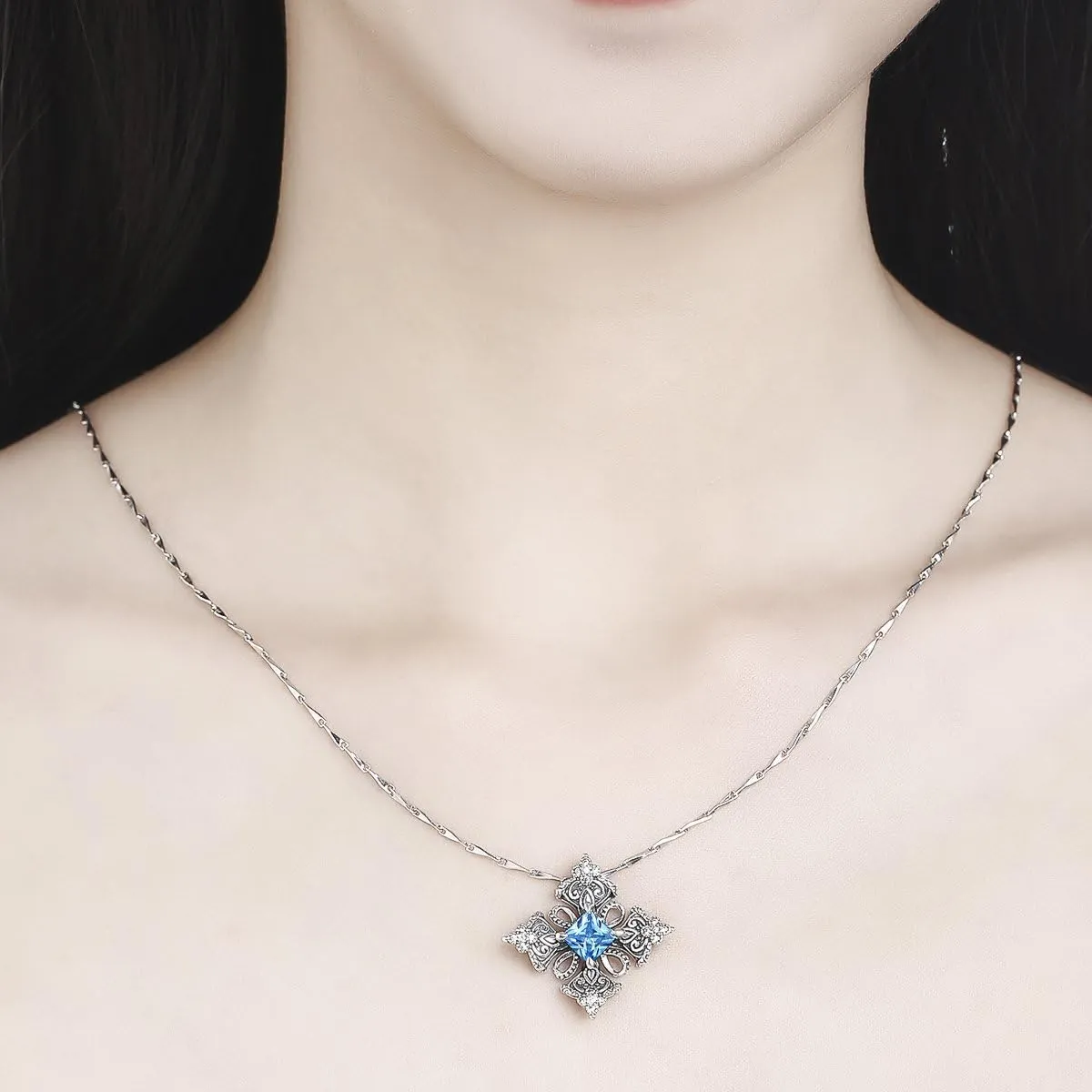 Antique 925 Sterling Silver Created Blue Topaz Irish Celtic Cross Pendant Necklace for Women,18"