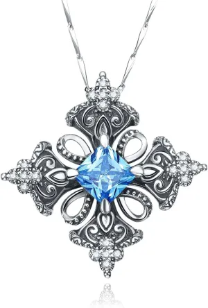 Antique 925 Sterling Silver Created Blue Topaz Irish Celtic Cross Pendant Necklace for Women,18"