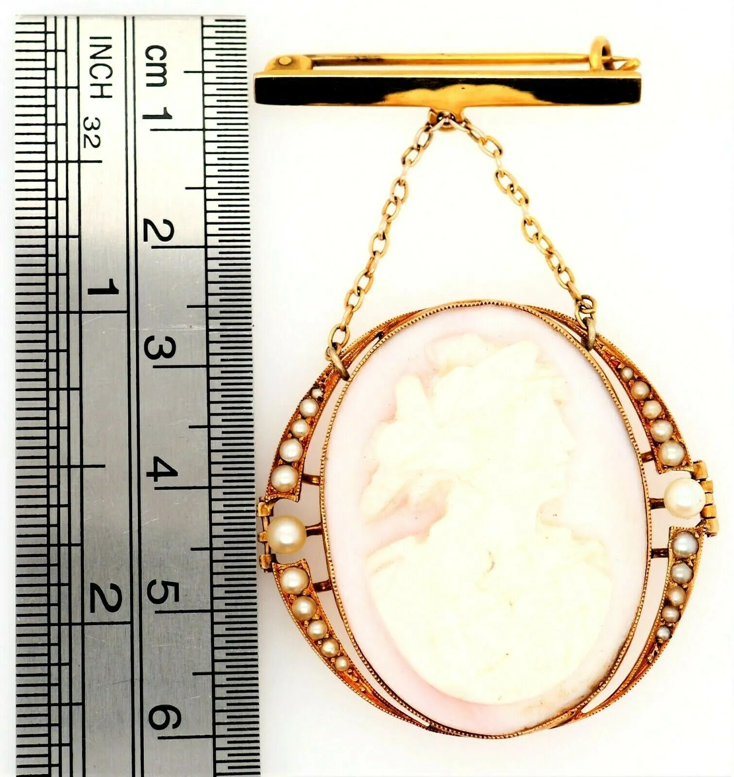 Antique (c.1900) Conch Shell Cameo & Seed Pearl 15ct Yellow Gold Drop Brooch