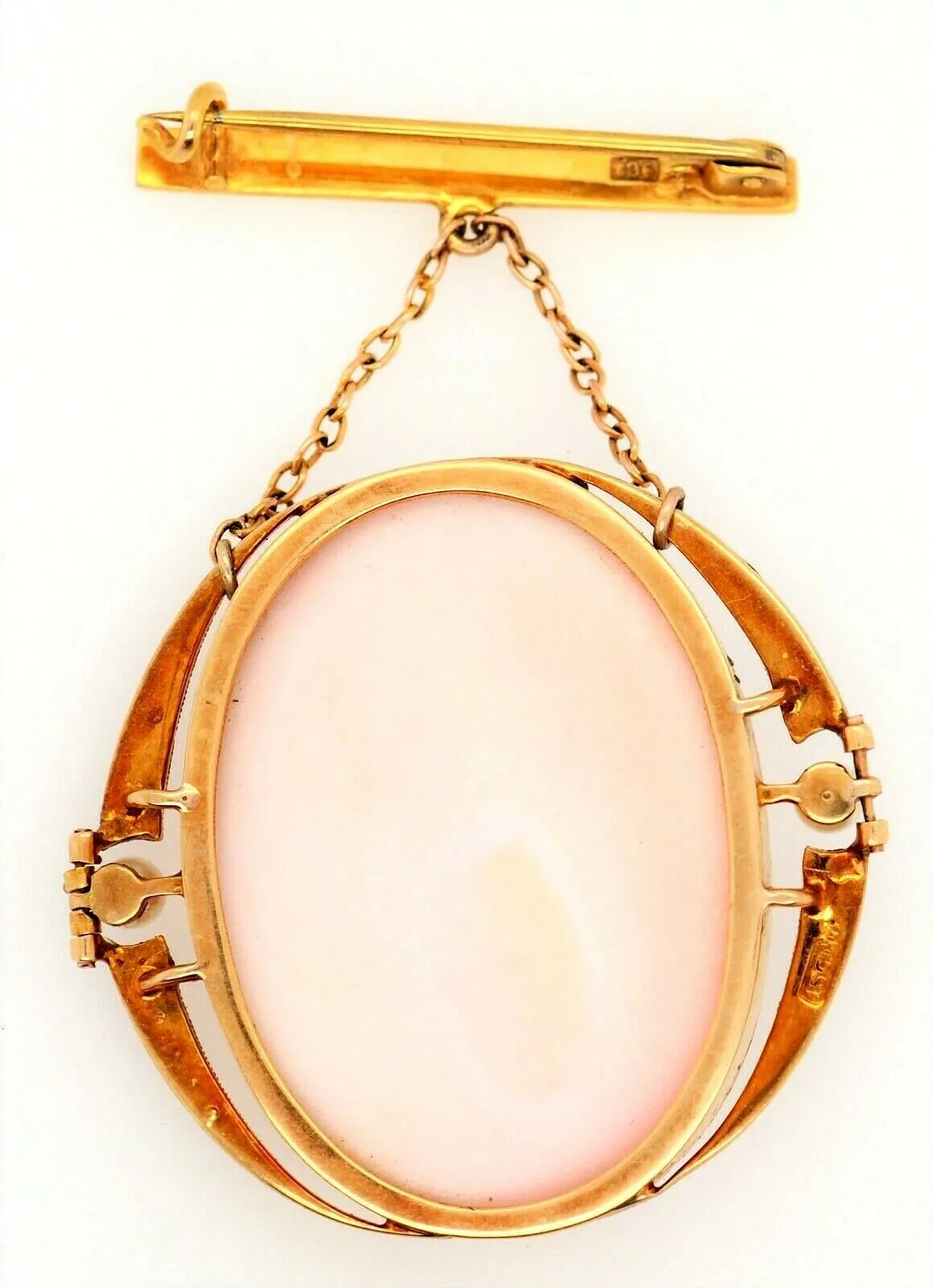 Antique (c.1900) Conch Shell Cameo & Seed Pearl 15ct Yellow Gold Drop Brooch