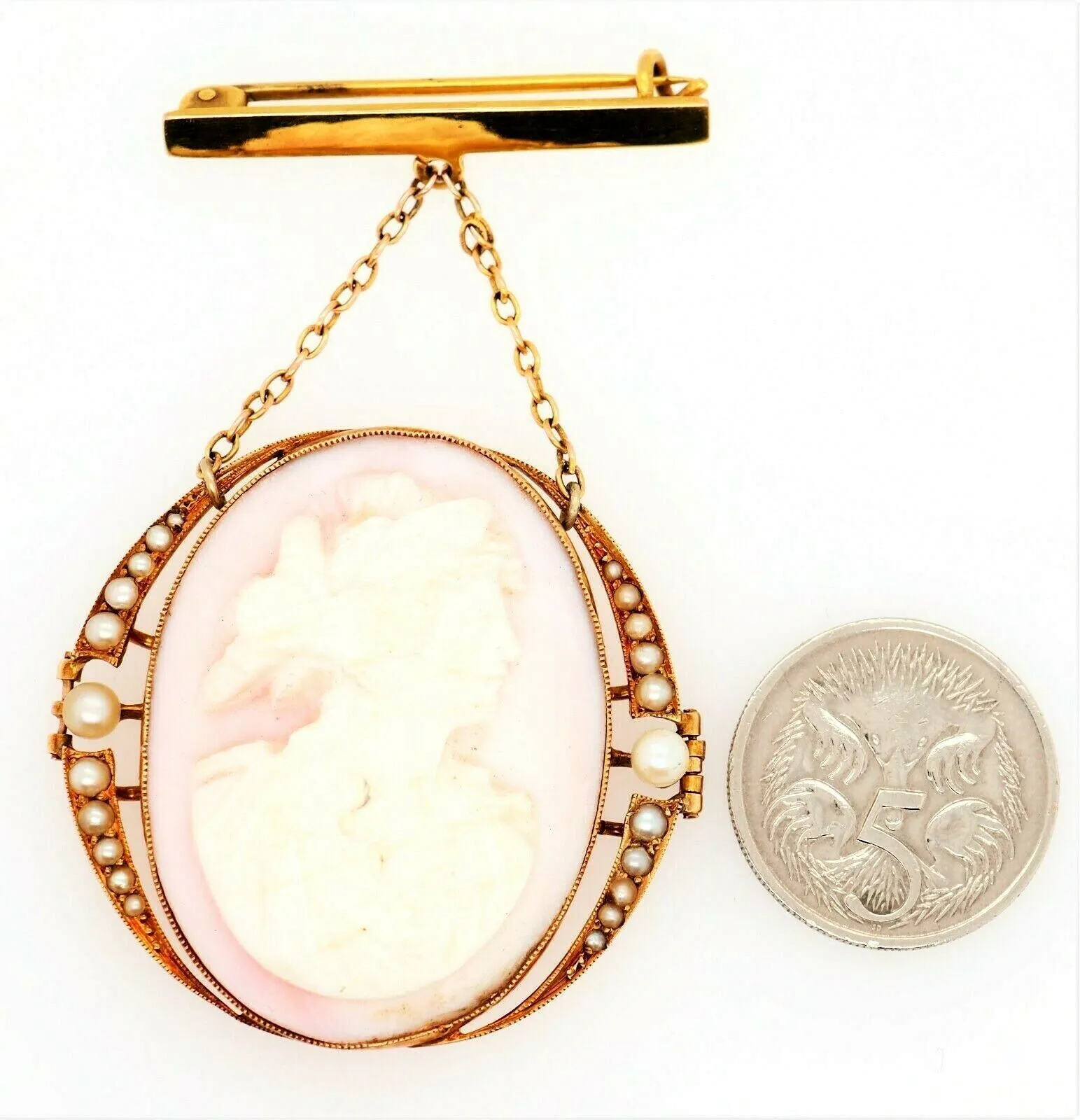 Antique (c.1900) Conch Shell Cameo & Seed Pearl 15ct Yellow Gold Drop Brooch