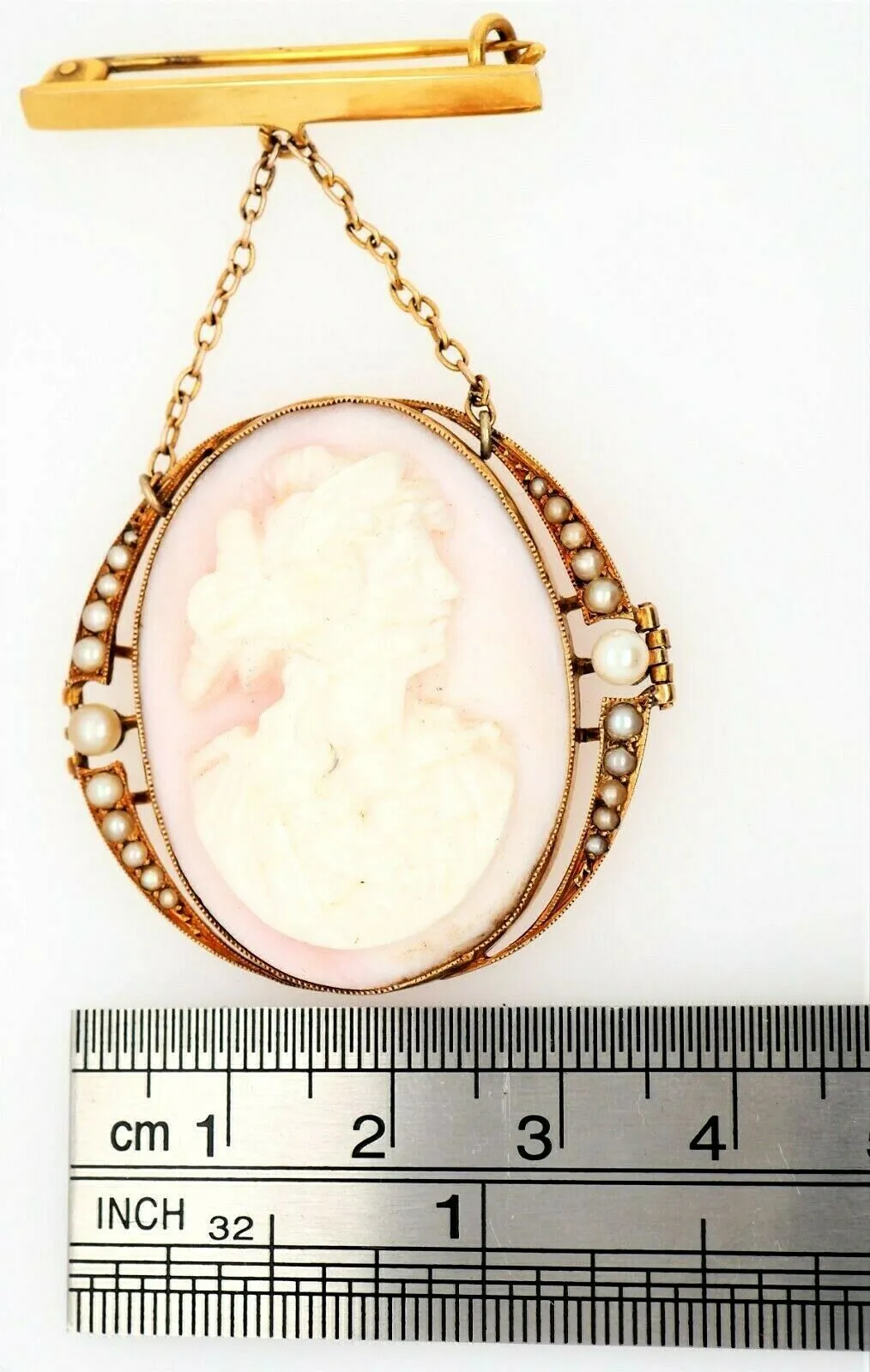Antique (c.1900) Conch Shell Cameo & Seed Pearl 15ct Yellow Gold Drop Brooch