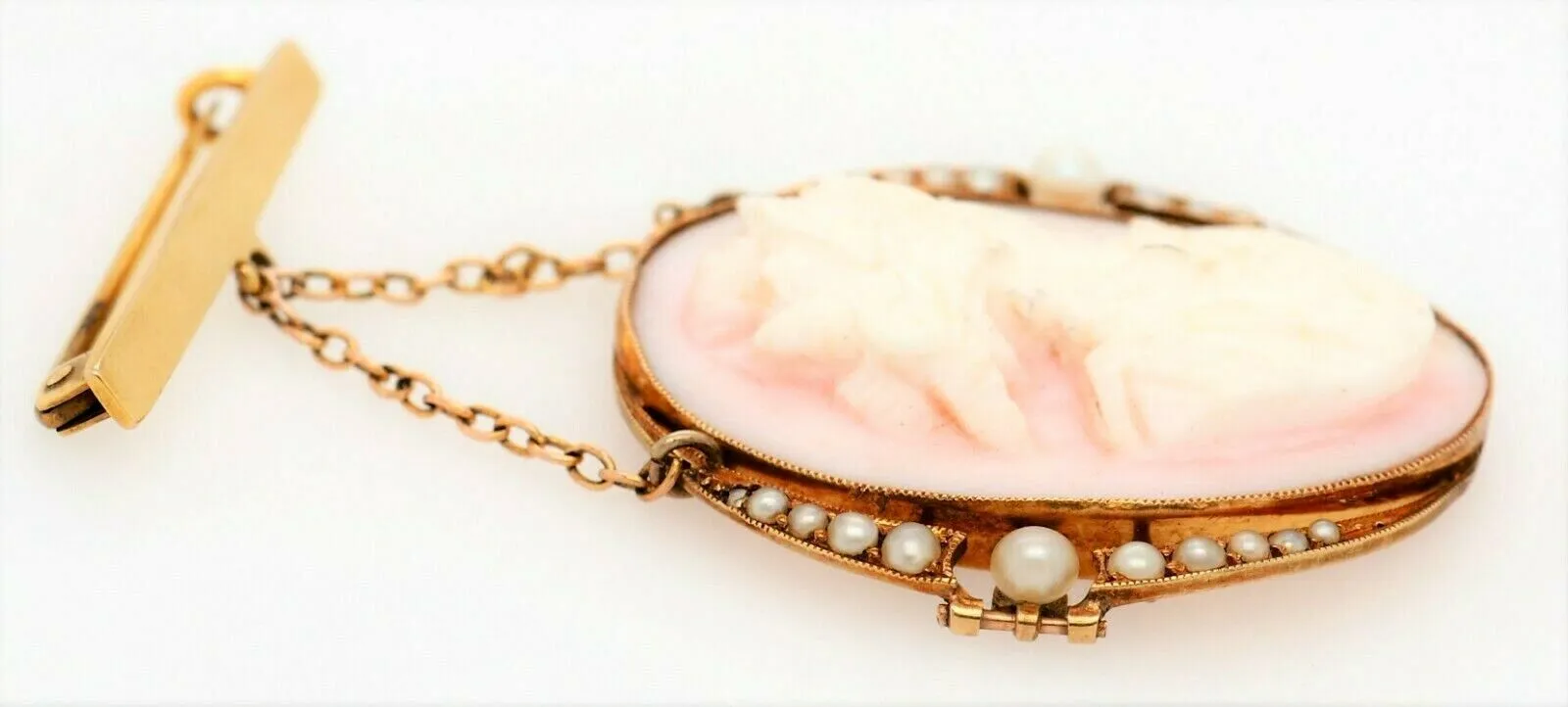 Antique (c.1900) Conch Shell Cameo & Seed Pearl 15ct Yellow Gold Drop Brooch
