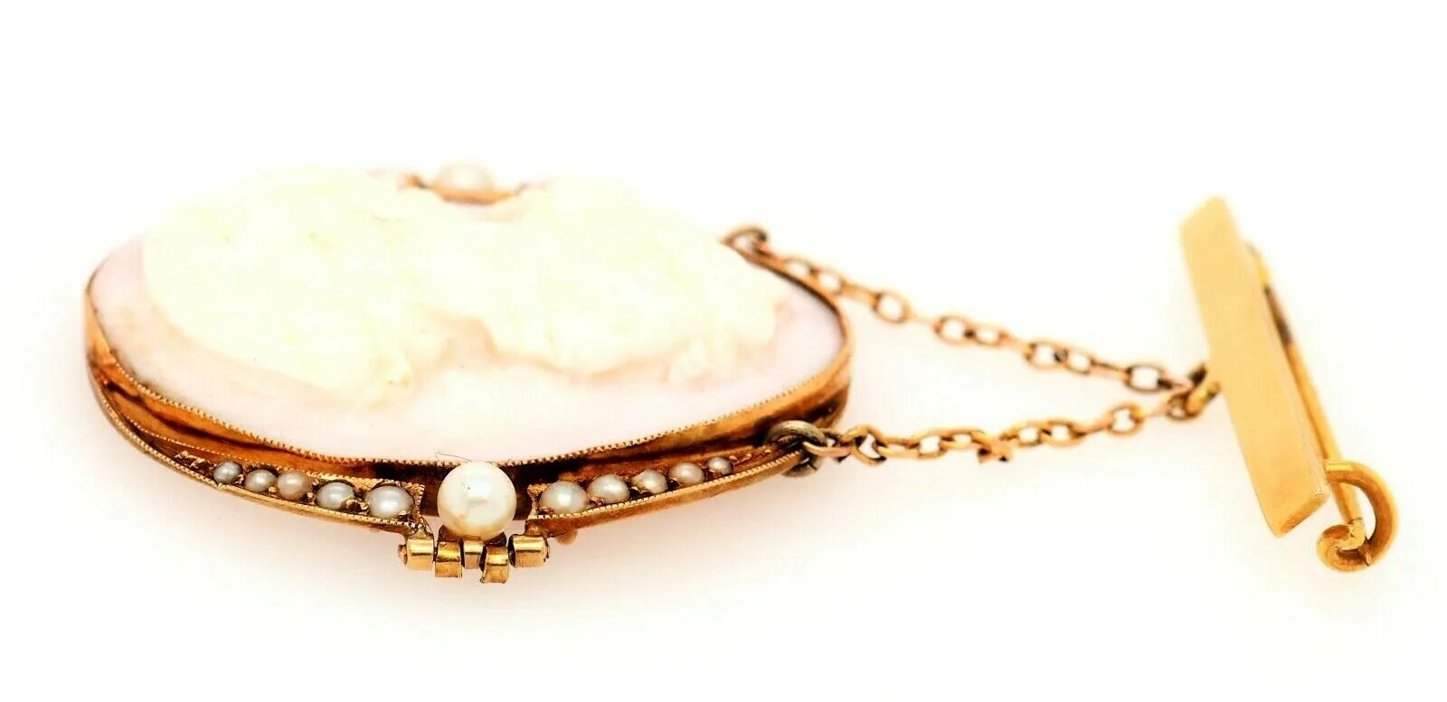 Antique (c.1900) Conch Shell Cameo & Seed Pearl 15ct Yellow Gold Drop Brooch