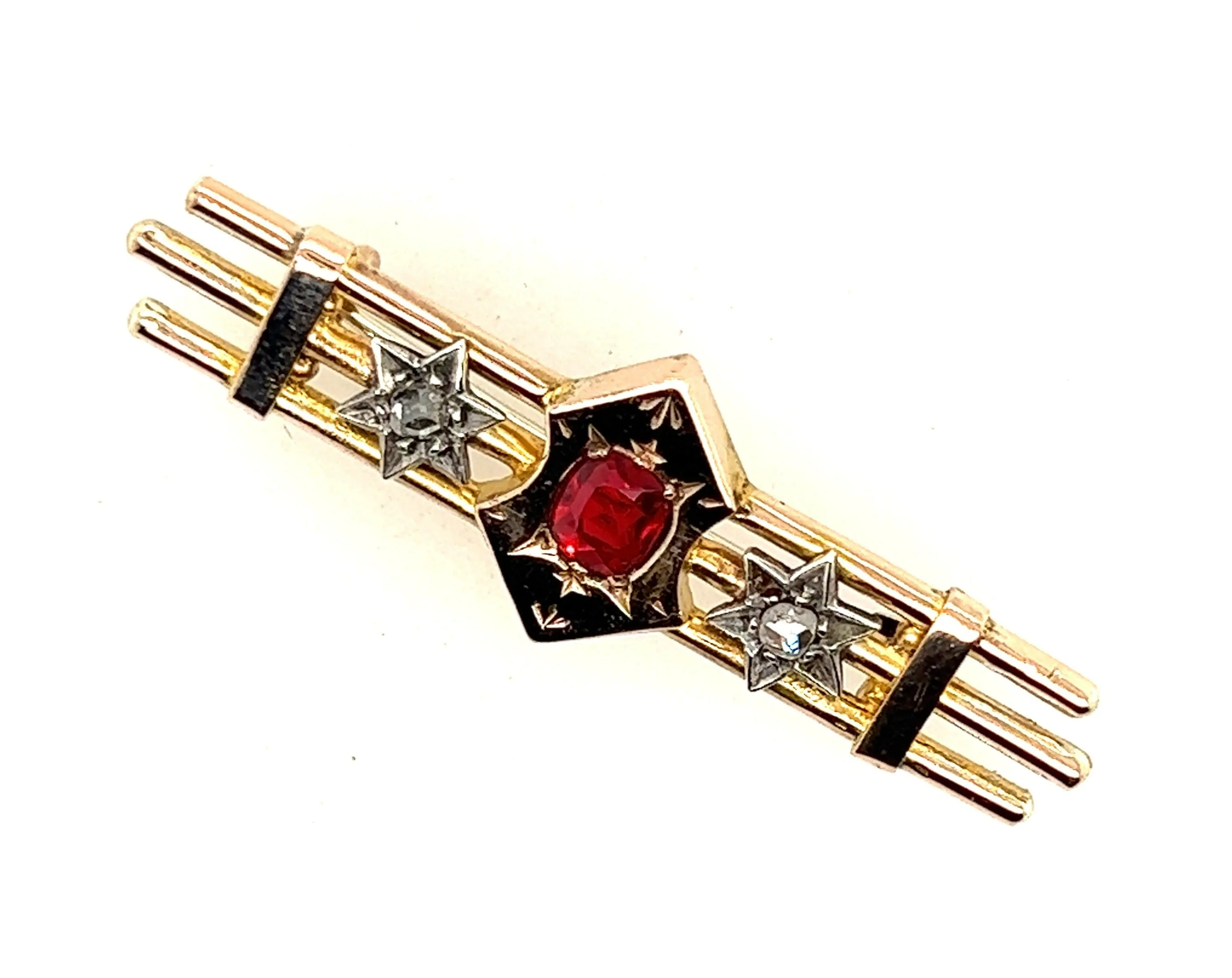 Antique Garnet & Diamond 9ct Yellow Gold Three Bar Brooch Circa 1900