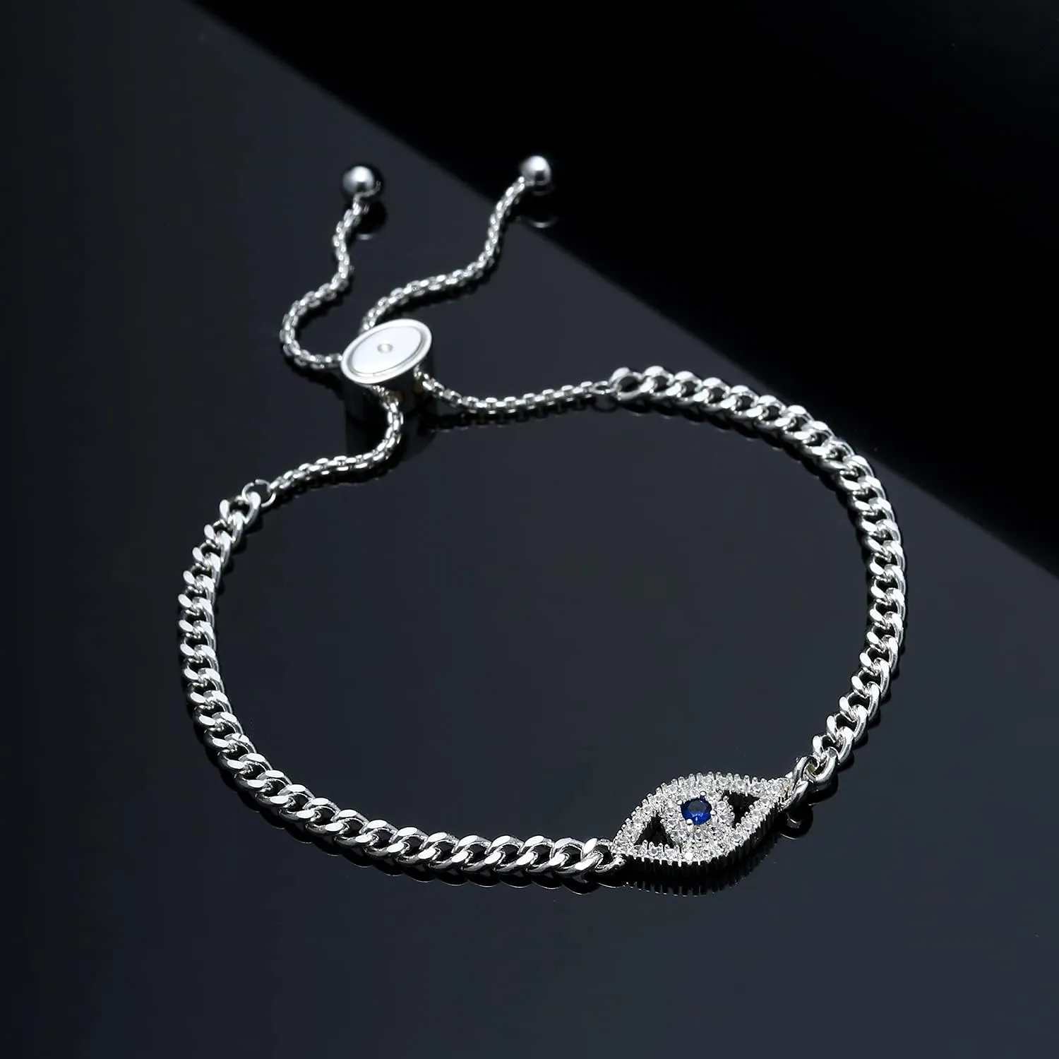 Apsvo Evil Eye Bracelet, Sideway Cross Bracelet, Silver/Gold/Rose Gold Bracelet for Women Adjustable Slide Chain Jewelry