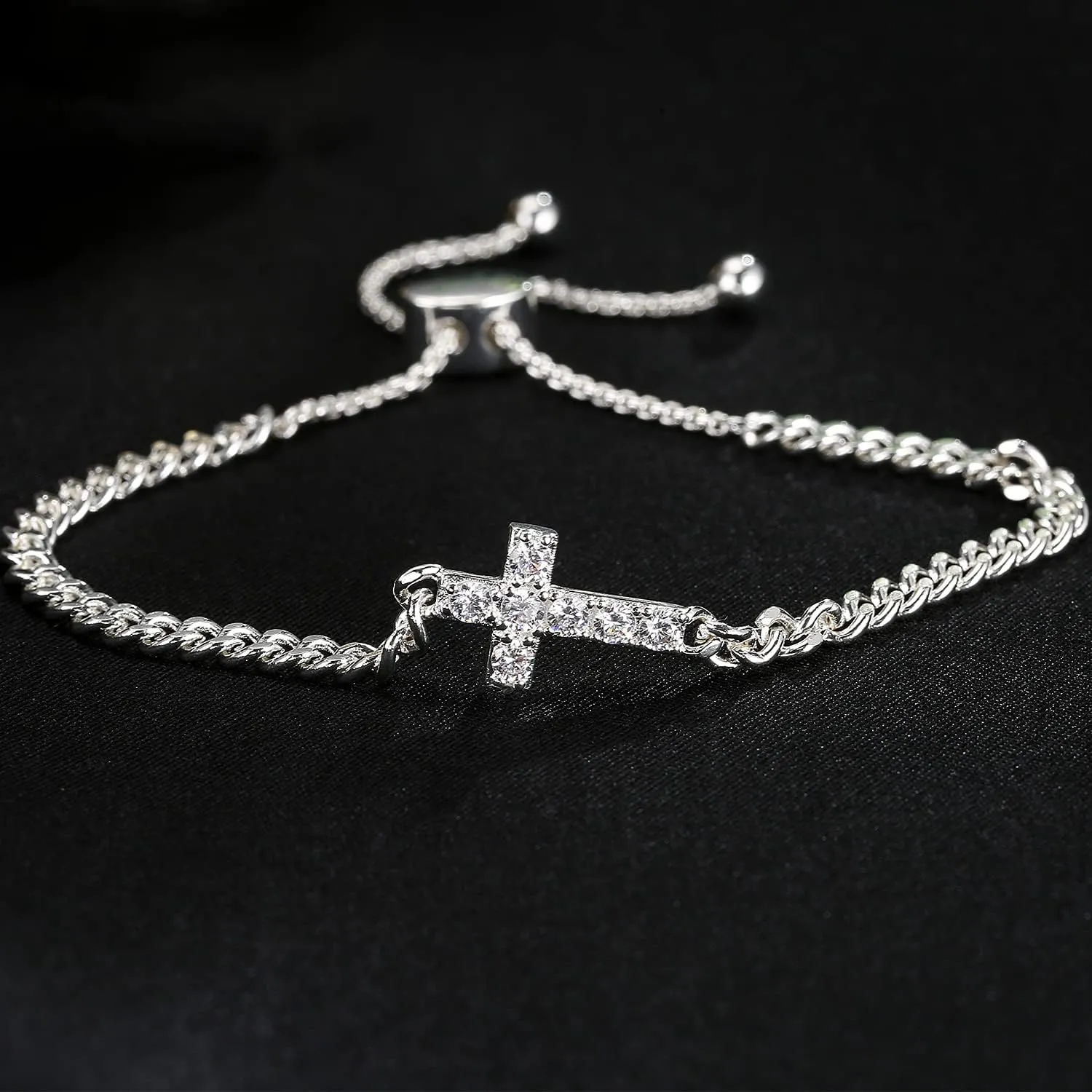 Apsvo Evil Eye Bracelet, Sideway Cross Bracelet, Silver/Gold/Rose Gold Bracelet for Women Adjustable Slide Chain Jewelry