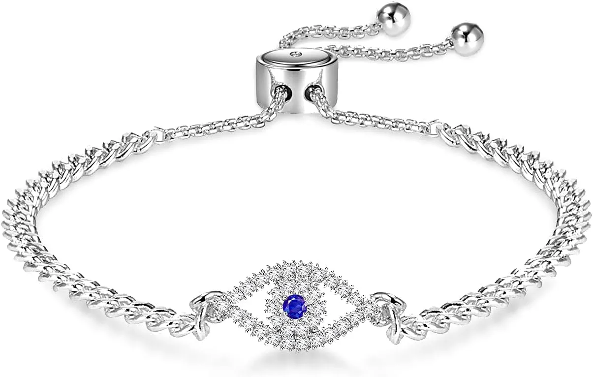 Apsvo Evil Eye Bracelet, Sideway Cross Bracelet, Silver/Gold/Rose Gold Bracelet for Women Adjustable Slide Chain Jewelry