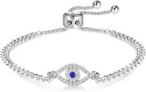 Apsvo Evil Eye Bracelet, Sideway Cross Bracelet, Silver/Gold/Rose Gold Bracelet for Women Adjustable Slide Chain Jewelry