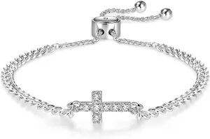 Apsvo Evil Eye Bracelet, Sideway Cross Bracelet, Silver/Gold/Rose Gold Bracelet for Women Adjustable Slide Chain Jewelry