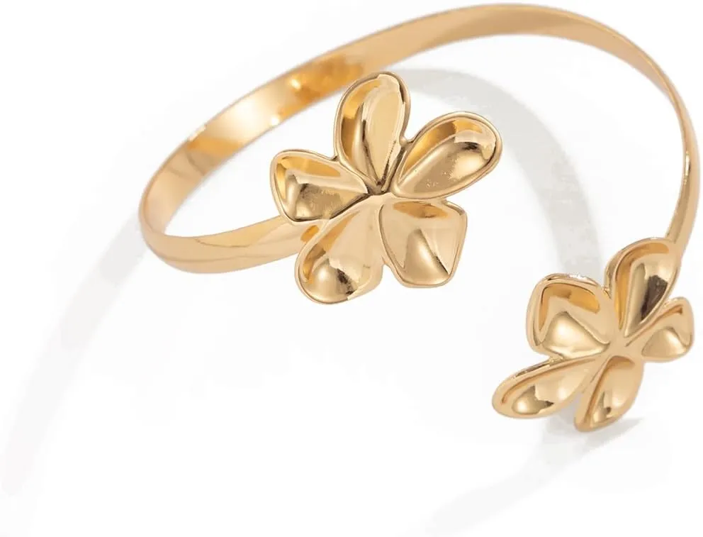 Arm Cuff Layered Bracelet Adjustable Leaf Flower Starfish Upper Arm Cuff Bangle Jewelry Gold Plated Bracelet Ring Set for Women Boho Summer Beach Essentials