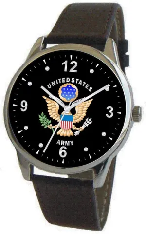 Army Original Emblem Classic Watch with Large Polished Chrome Case and Black Leather Strap