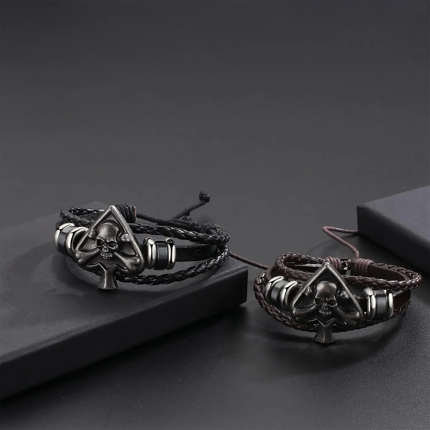 Aroncent 2 Pcs Stainless Steel Ace of Spades Necklace Braided Leather Cool Skull Bracelet Poker Jewerly Set Cool Bracelets Personalized Necklace for Men