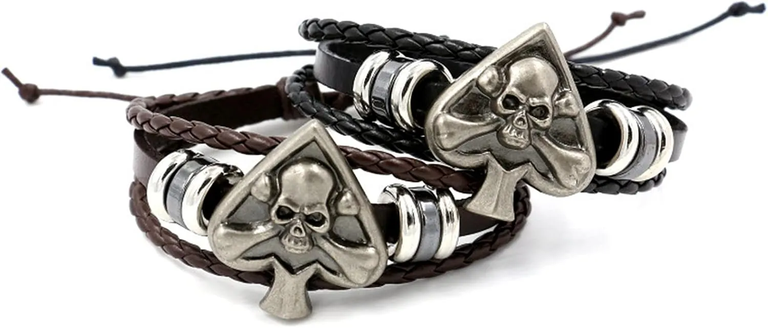 Aroncent 2 Pcs Stainless Steel Ace of Spades Necklace Braided Leather Cool Skull Bracelet Poker Jewerly Set Cool Bracelets Personalized Necklace for Men