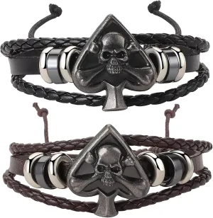 Aroncent 2 Pcs Stainless Steel Ace of Spades Necklace Braided Leather Cool Skull Bracelet Poker Jewerly Set Cool Bracelets Personalized Necklace for Men