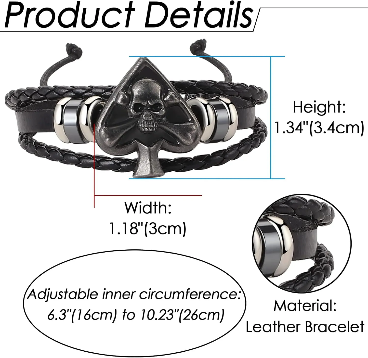 Aroncent 2 Pcs Stainless Steel Ace of Spades Necklace Braided Leather Cool Skull Bracelet Poker Jewerly Set Cool Bracelets Personalized Necklace for Men