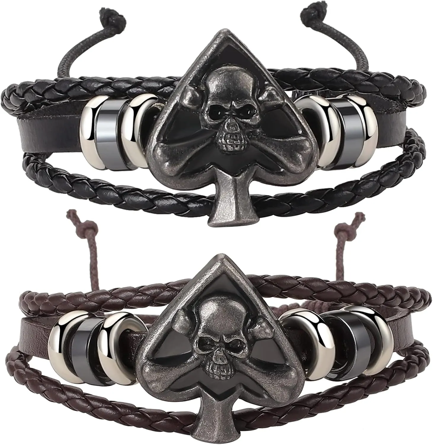 Aroncent 2 Pcs Stainless Steel Ace of Spades Necklace Braided Leather Cool Skull Bracelet Poker Jewerly Set Cool Bracelets Personalized Necklace for Men