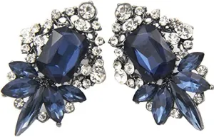 Art Deco Antique Vintage Retro Style Sapphire Royal Dark Blue Cluster Rhinestone Wedding Bridal Prom Earrings