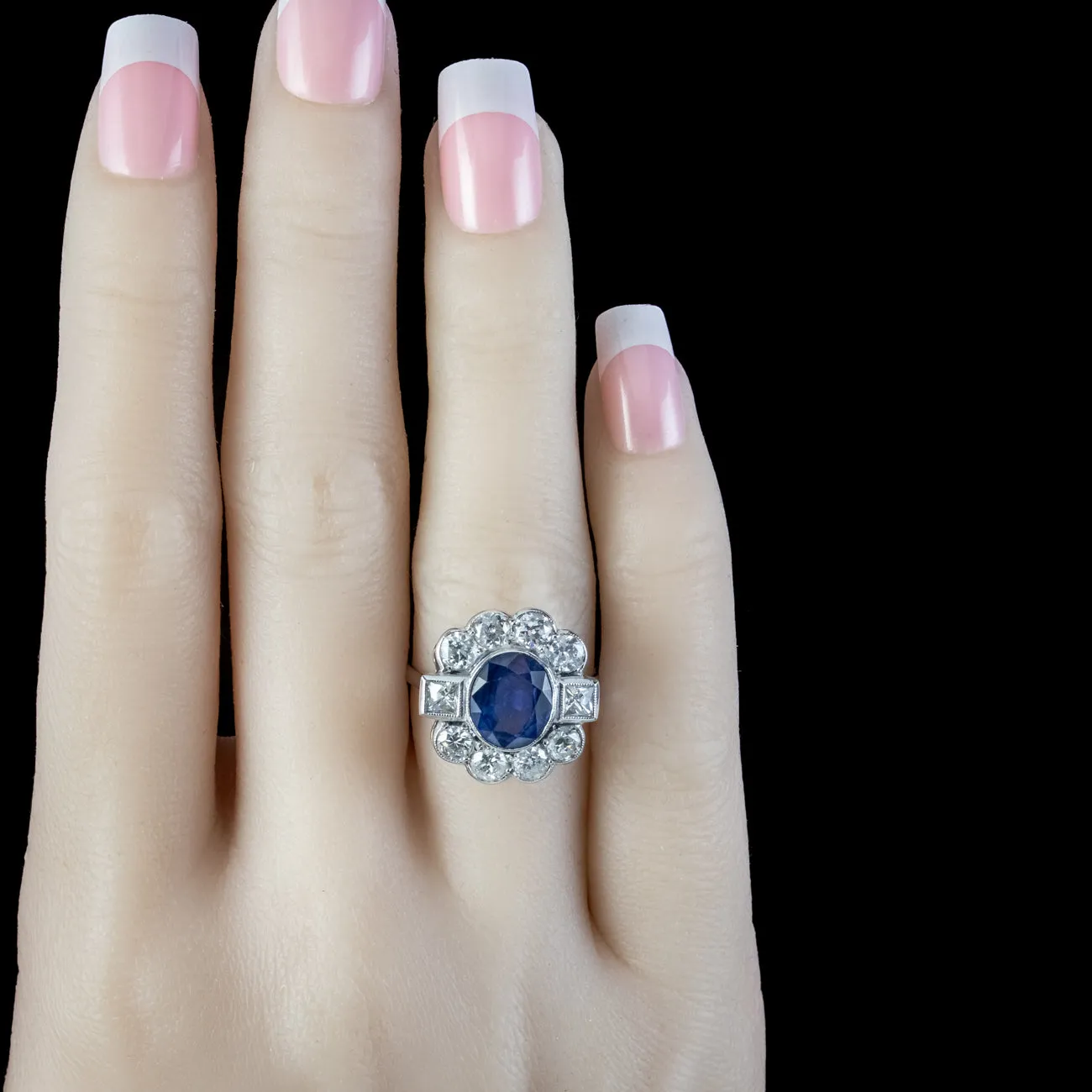 Art Deco Style Sapphire Diamond Ring 18ct White Gold 2.80ct Sapphire