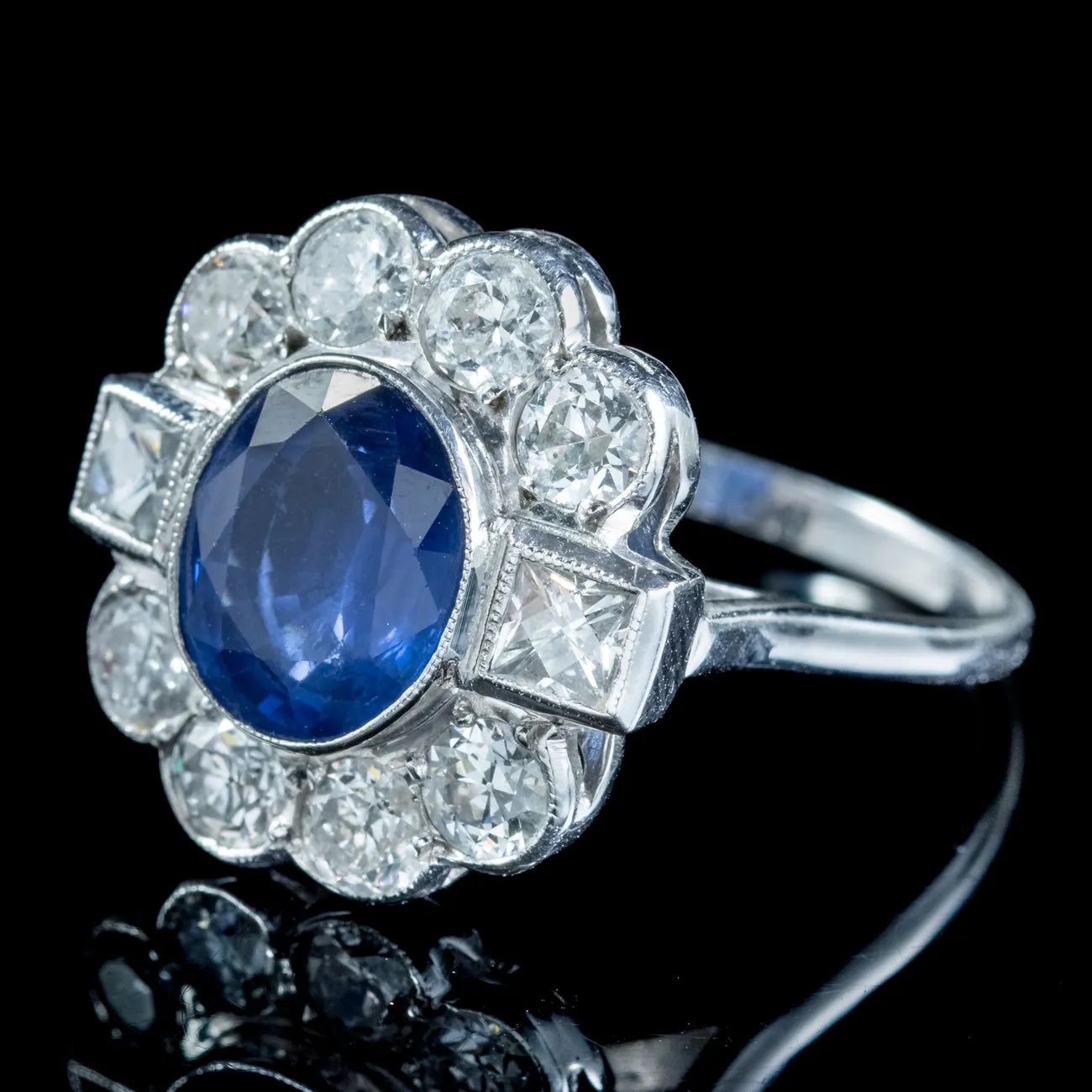Art Deco Style Sapphire Diamond Ring 18ct White Gold 2.80ct Sapphire