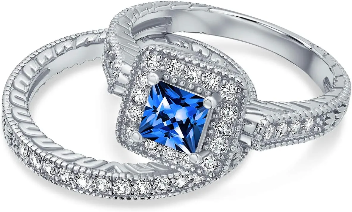 Art Deco Vintage Style 1CT Square Simulated Blue Sapphire Solitaire Cubic Zirconia Brilliant Princess Cut Halo AAA CZ Pave Anniversary Engagement Wedding Band Ring Set Rose Gold .925 Sterling Silver