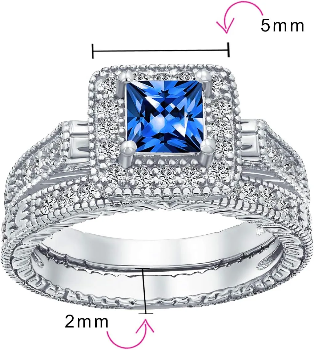 Art Deco Vintage Style 1CT Square Simulated Blue Sapphire Solitaire Cubic Zirconia Brilliant Princess Cut Halo AAA CZ Pave Anniversary Engagement Wedding Band Ring Set Rose Gold .925 Sterling Silver