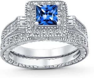 Art Deco Vintage Style 1CT Square Simulated Blue Sapphire Solitaire Cubic Zirconia Brilliant Princess Cut Halo AAA CZ Pave Anniversary Engagement Wedding Band Ring Set Rose Gold .925 Sterling Silver