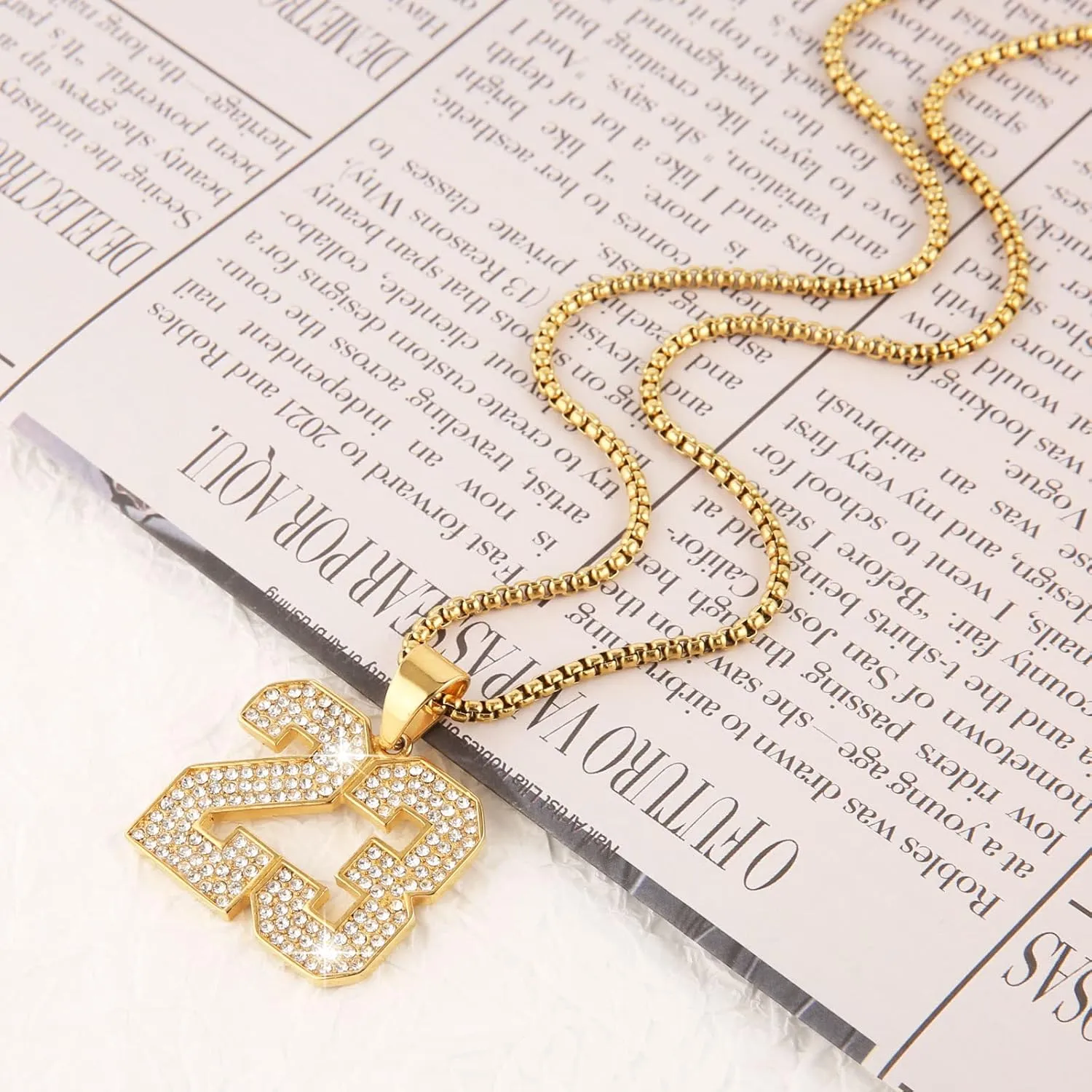 AsAlways 18K Gold Plated Cubic Zirconia Number 23 Basketball Pendant Necklace Men Women Stainless Steel Box Link Chain 22 2 Inch