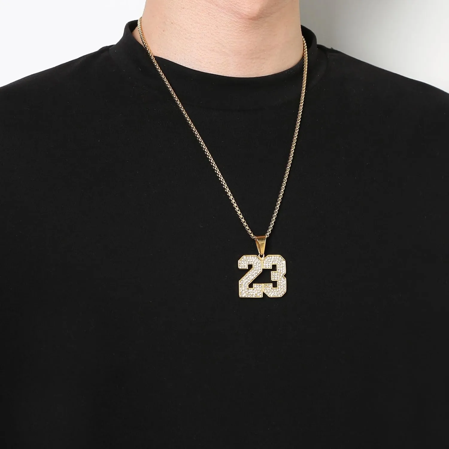 AsAlways 18K Gold Plated Cubic Zirconia Number 23 Basketball Pendant Necklace Men Women Stainless Steel Box Link Chain 22 2 Inch