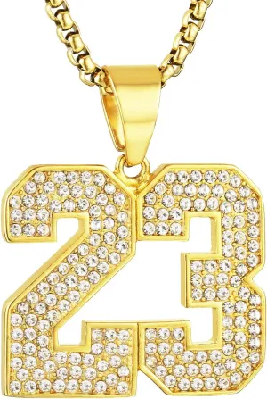 AsAlways 18K Gold Plated Cubic Zirconia Number 23 Basketball Pendant Necklace Men Women Stainless Steel Box Link Chain 22 2 Inch