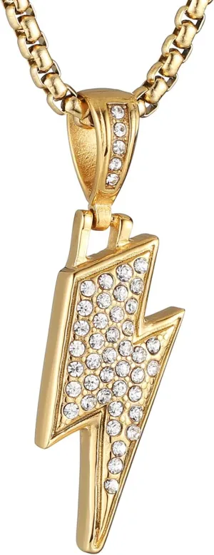 AsAlways 18K Gold Plated Lightning Bolt Necklace for Men Stainless Steel Inlay Cubic Zirconia Hip Hop Rock Punk Totem Pendant Jewelry Gift