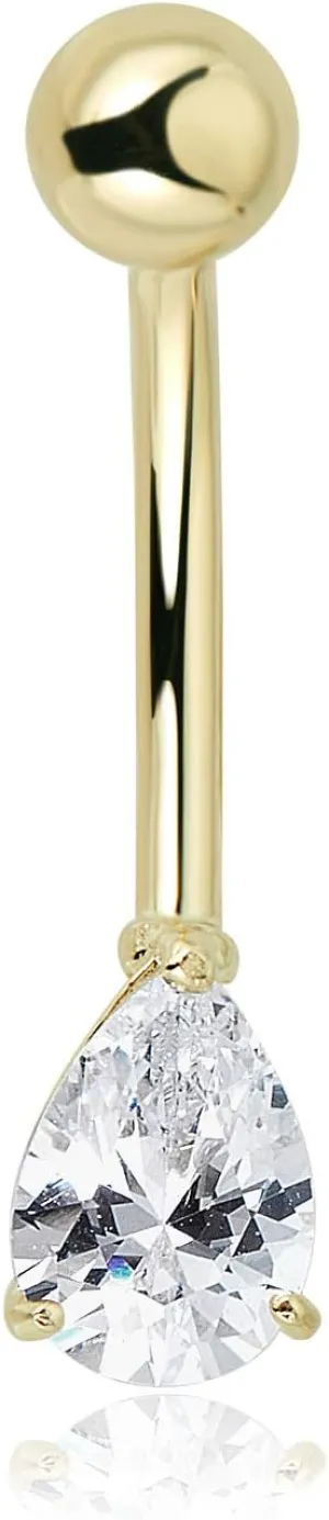 AVORA 10K Gold Simulated Diamond CZ Pear-shaped Belly Button Ring Body Jewelry (14 Gauge)