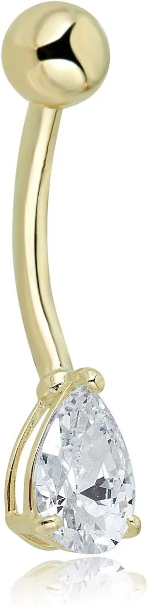 AVORA 10K Gold Simulated Diamond CZ Pear-shaped Belly Button Ring Body Jewelry (14 Gauge)