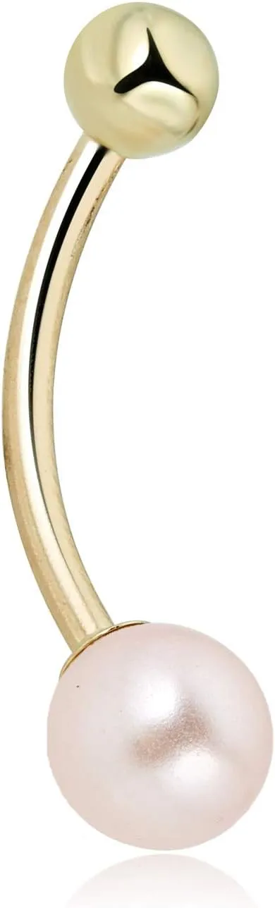 AVORA 10K Yellow/White Gold Freshwater Pearl Belly Button Ring Body Jewelry (14 Gauge)