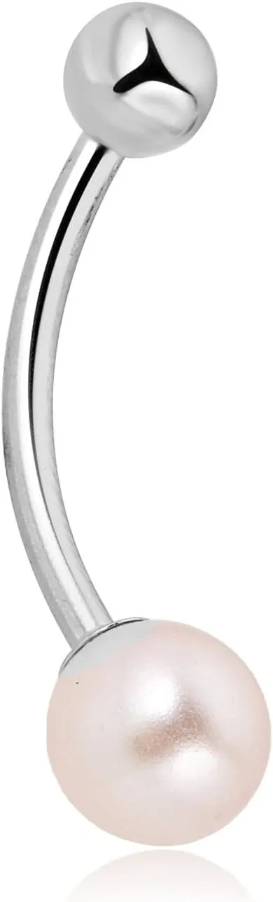AVORA 10K Yellow/White Gold Freshwater Pearl Belly Button Ring Body Jewelry (14 Gauge)