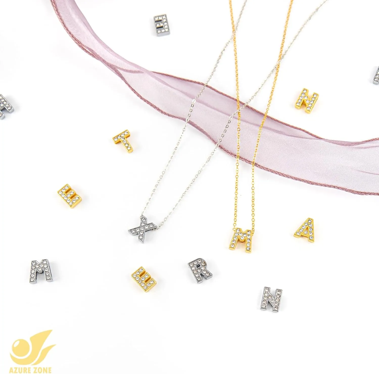 Azure Zone, A-Z Crystal Full Rhinestones Alphabet Letters Charms 8mm Golden Color Slide Letter for DIY Wristbands Bracelets Jewelry Making
