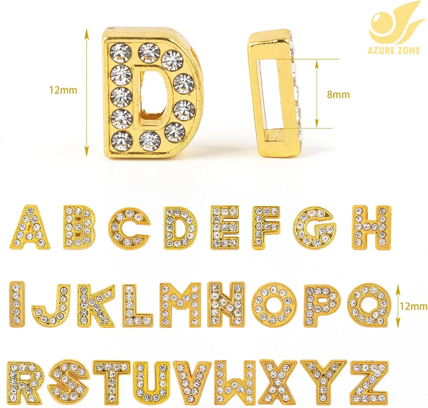Azure Zone, A-Z Crystal Full Rhinestones Alphabet Letters Charms 8mm Golden Color Slide Letter for DIY Wristbands Bracelets Jewelry Making