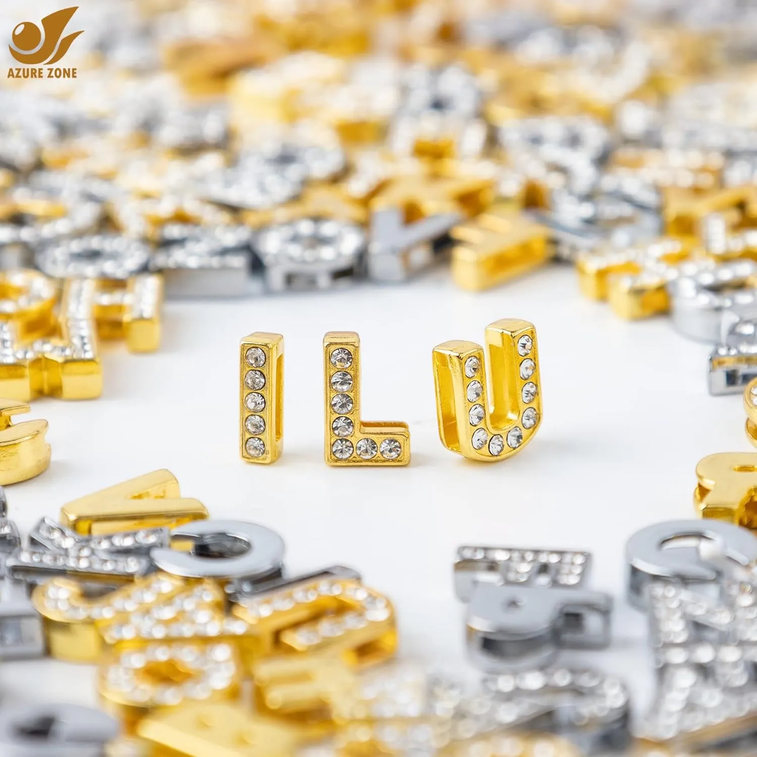 Azure Zone, A-Z Crystal Full Rhinestones Alphabet Letters Charms 8mm Golden Color Slide Letter for DIY Wristbands Bracelets Jewelry Making