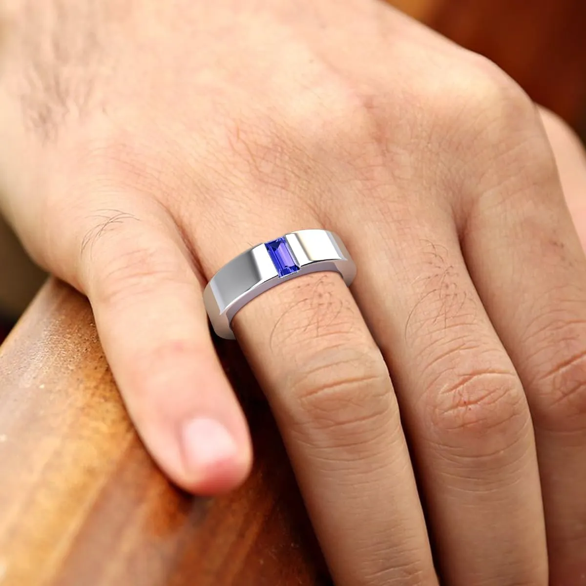 Baguette Shape 0.30 ct Tanzanite Men Wedding Band (5 mm) in Platinum