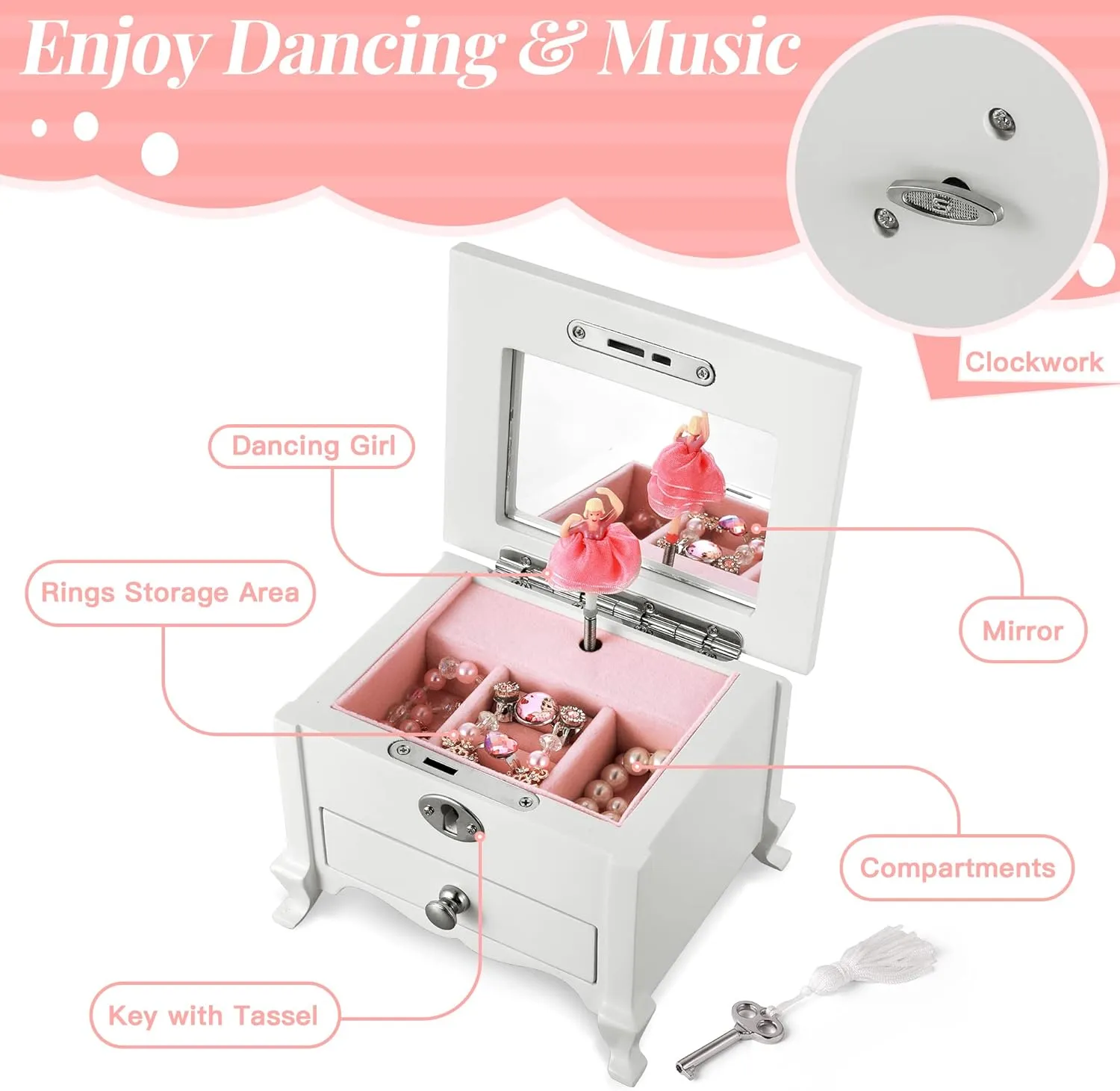 Ballerina Musical Jewelry Box with Mirror for GirlsPink Kid's Jewelry Storage Music Box,Children's Jewelry organizer Music Jewelry Chest,Good Gift for Holidays,Birthday and Friends