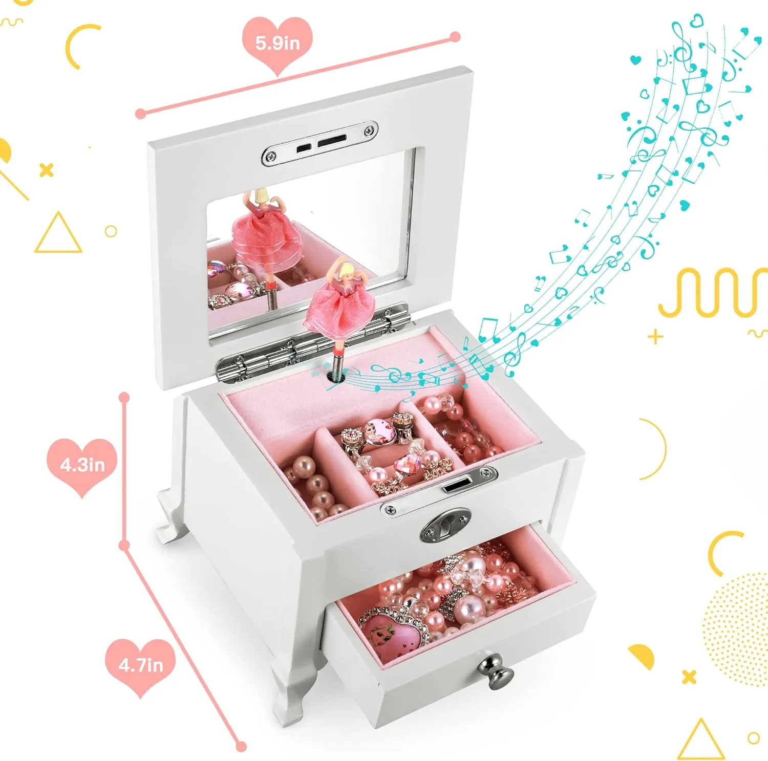 Ballerina Musical Jewelry Box with Mirror for GirlsPink Kid's Jewelry Storage Music Box,Children's Jewelry organizer Music Jewelry Chest,Good Gift for Holidays,Birthday and Friends