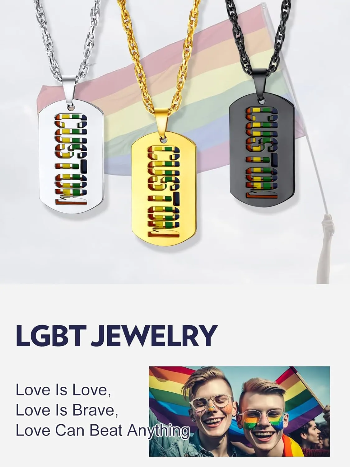 Bandmax Men Women LGBTQ Rainbow Necklaces Bracelets Stainless Steel Same Love Gay Lesbian Pride Pendant Necklace Bracelet Jewelry for Gay Parade
