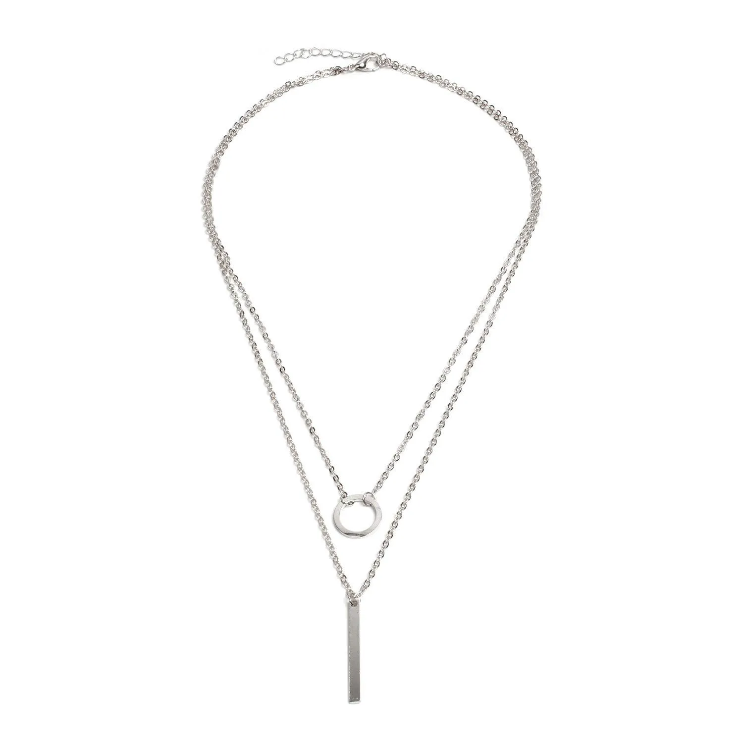 Bar Pendant Necklace Silver Bar Circle Strip Layered Necklace 18K Gold Plated Delicate Pendant, Layered Y Necklace for Women and Teen Girls (Silver)